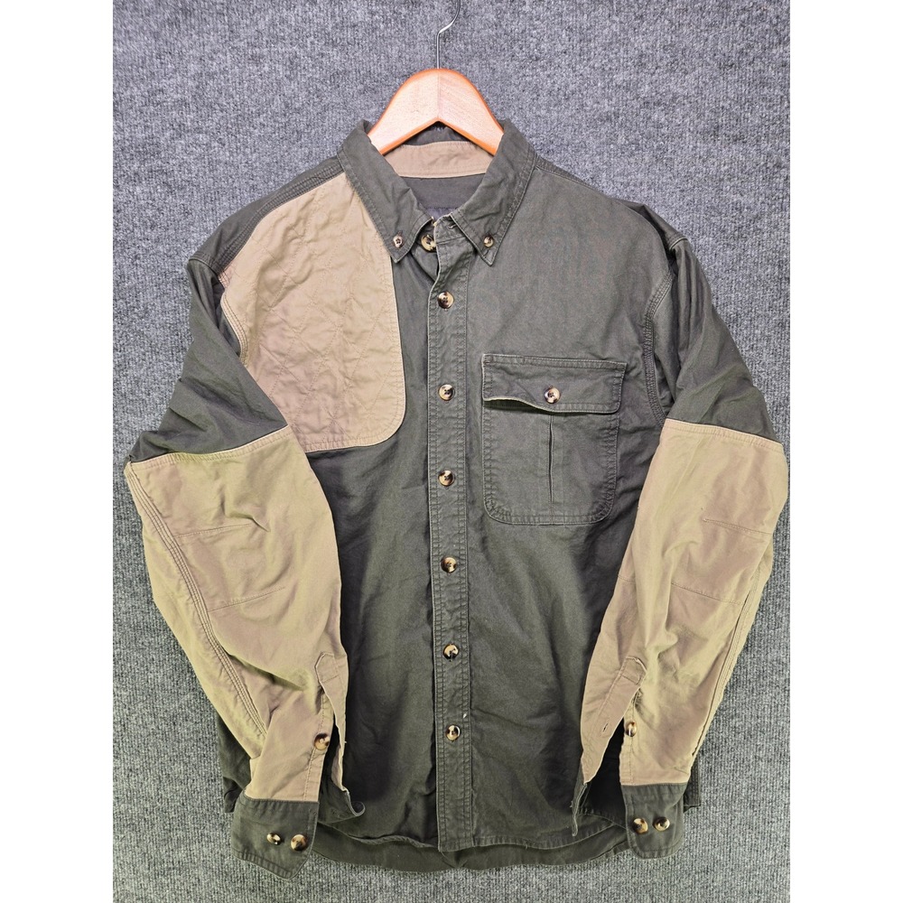 Cabelas Mens Medium Regular Shooting Shirt Olive Green Quilted Patch Cotton